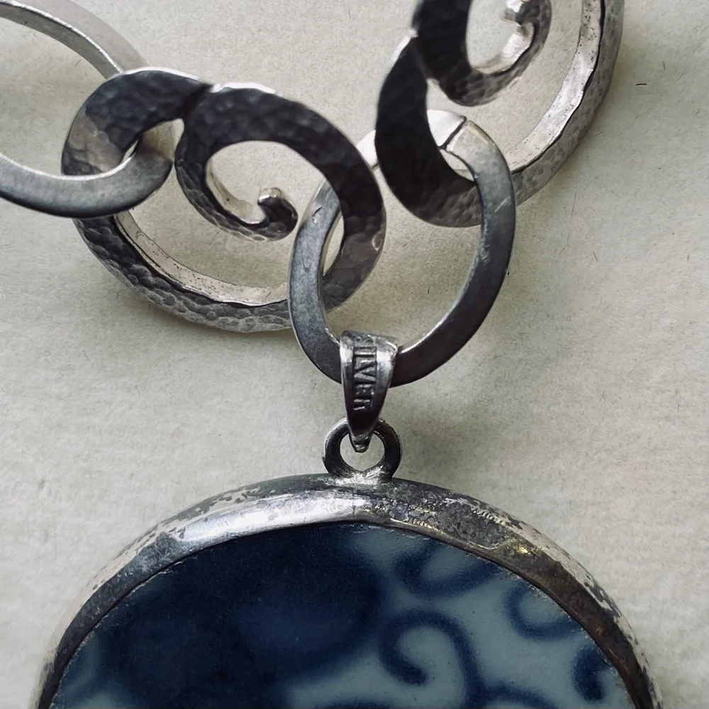 Hand made Sterling OOAK Sterling Upcycled Japanese Pottery Pendant and Chain